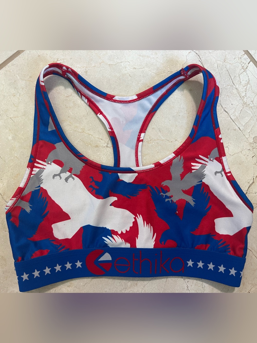Ethika Go USA Patriotic Eagle Stars Racerback Sports Bra Red White Blue XS Gym